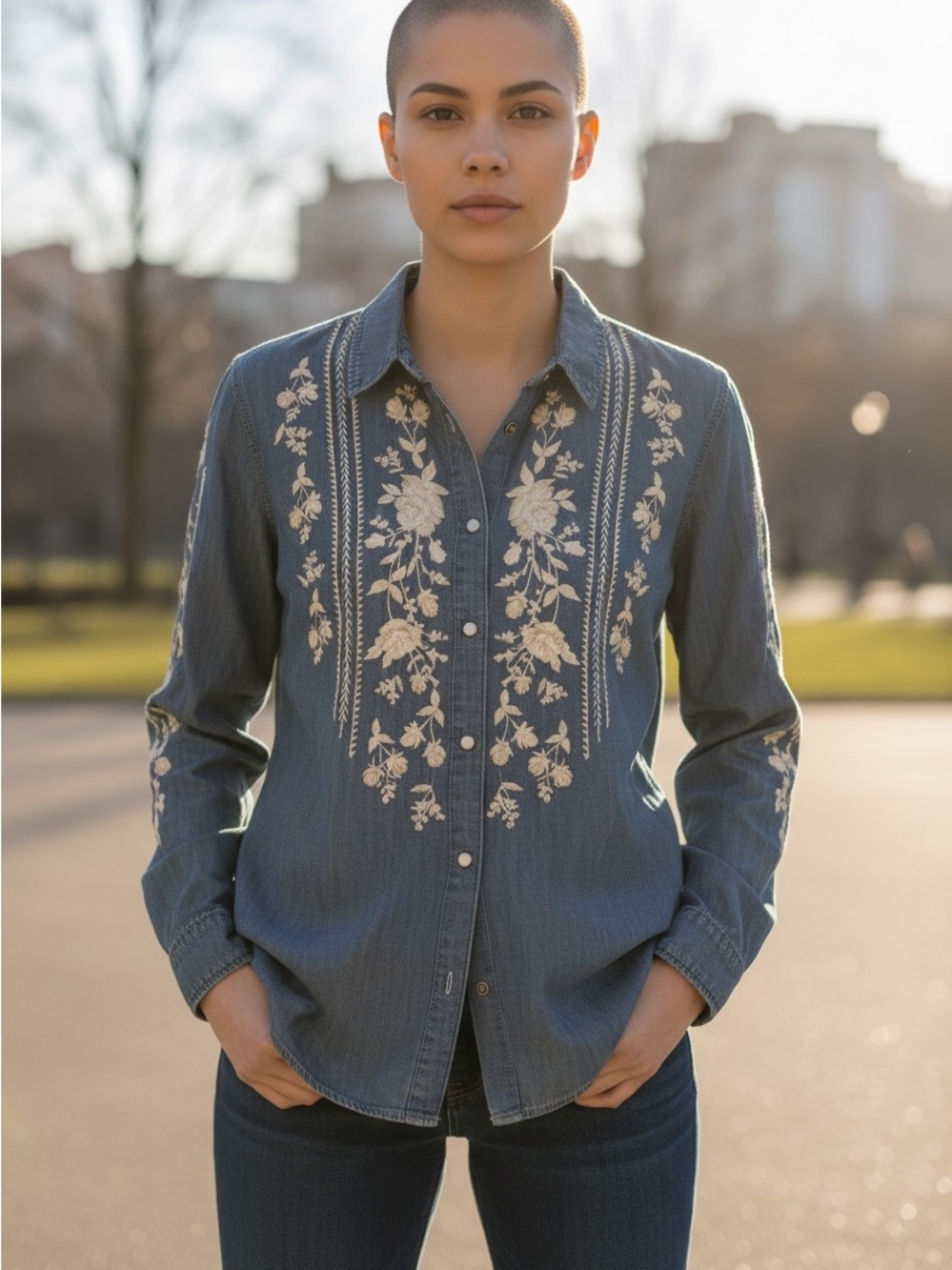 606. DRIFTWOOD Blue Denim Button-Down Shirt with Cream Floral Embroidery